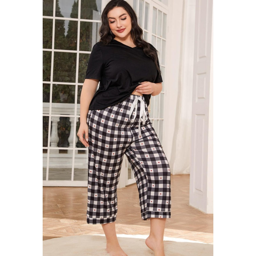 V-Neck Tee and Plaid Cropped Pants Lounge Set