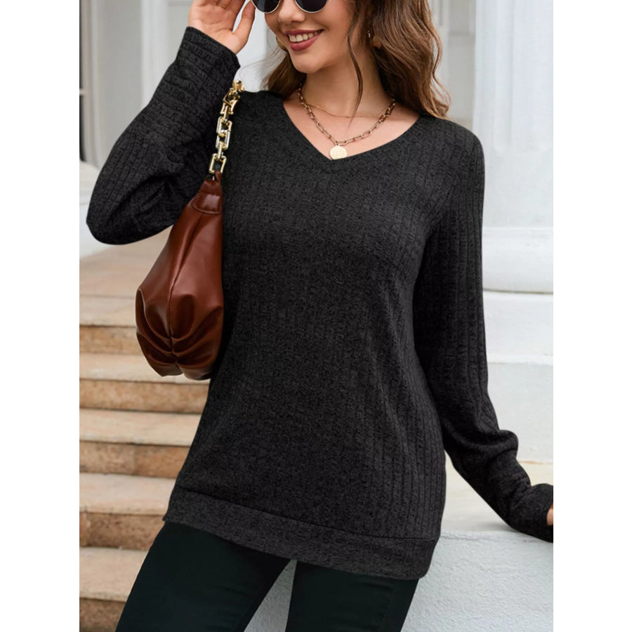 V-Neck Textured Knit Long Sleeve T-Shirt Apparel and Accessories