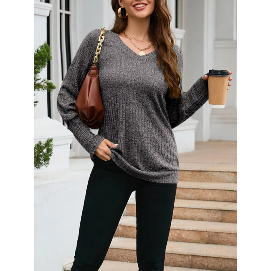 V-Neck Textured Knit Long Sleeve T-Shirt Apparel and Accessories