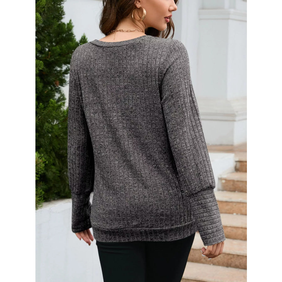 V-Neck Textured Knit Long Sleeve T-Shirt Apparel and Accessories