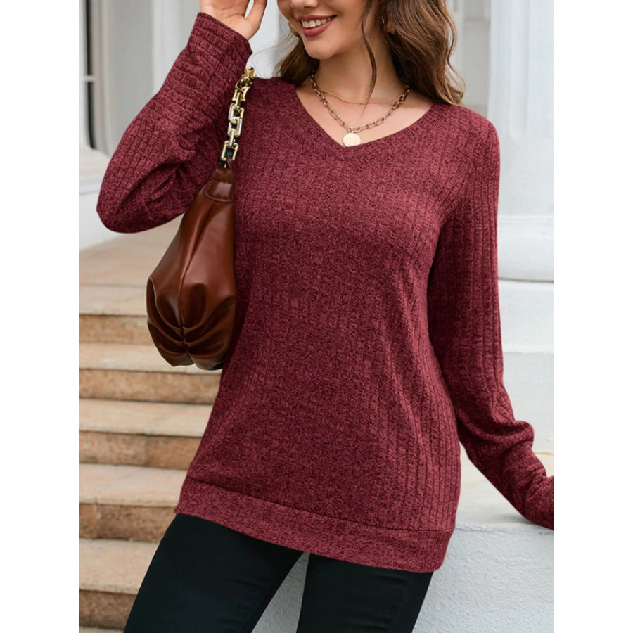 V-Neck Textured Knit Long Sleeve T-Shirt Apparel and Accessories