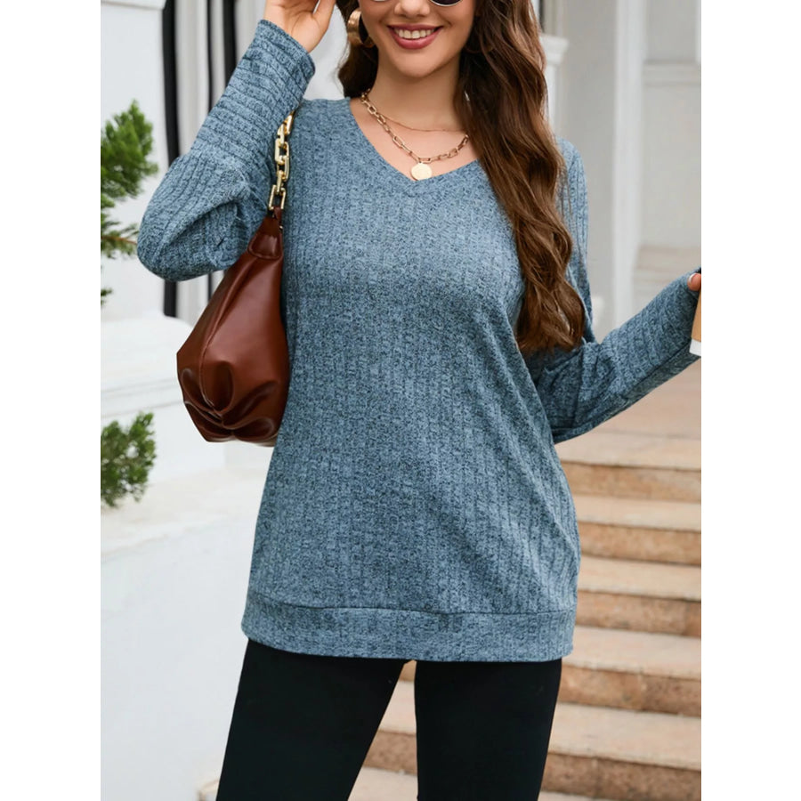 V-Neck Textured Knit Long Sleeve T-Shirt Apparel and Accessories