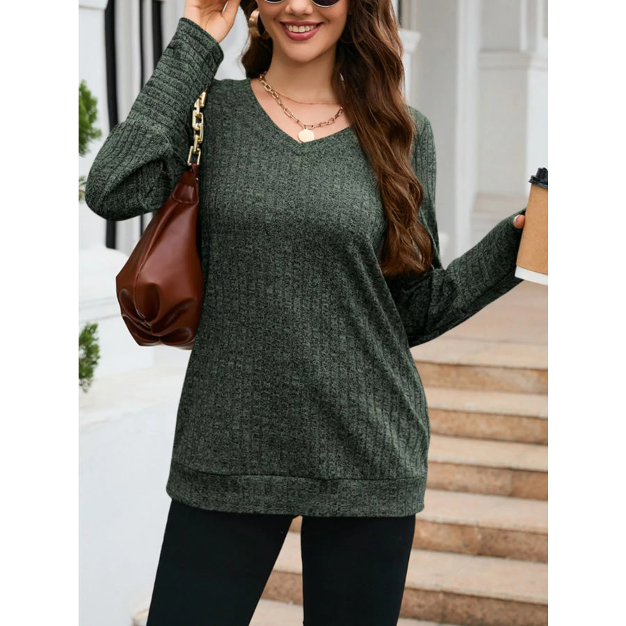 V-Neck Textured Knit Long Sleeve T-Shirt Apparel and Accessories