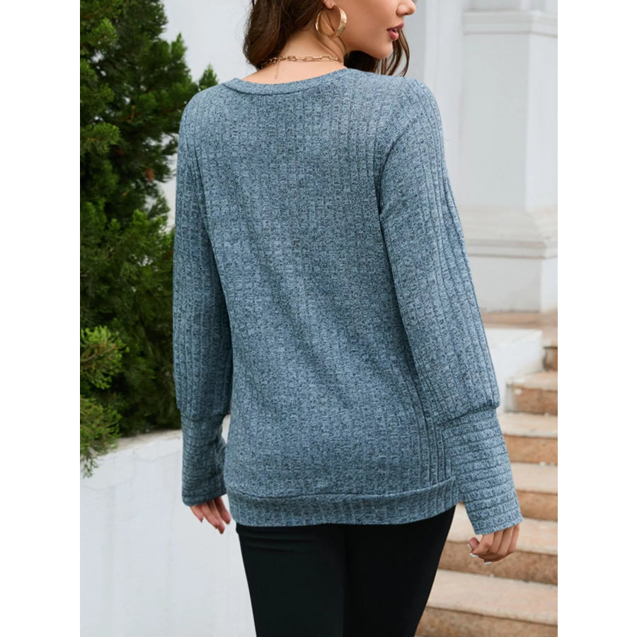 V-Neck Textured Knit Long Sleeve T-Shirt Apparel and Accessories