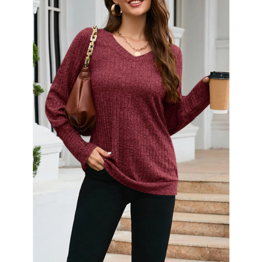 V-Neck Textured Knit Long Sleeve T-Shirt Apparel and Accessories