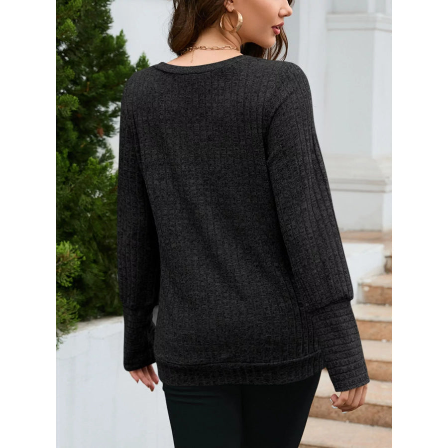 V-Neck Textured Knit Long Sleeve T-Shirt Apparel and Accessories