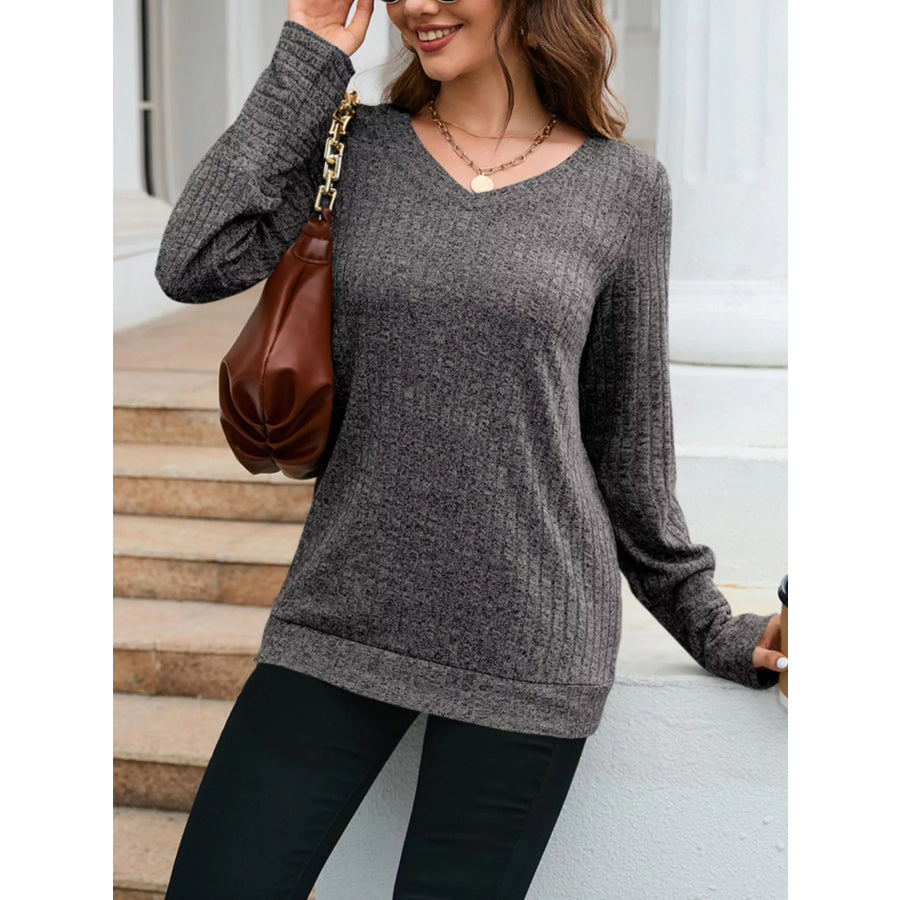 V-Neck Textured Knit Long Sleeve T-Shirt Apparel and Accessories