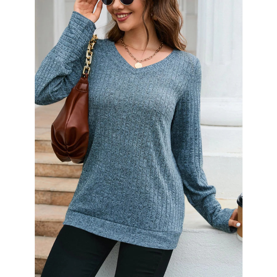 V-Neck Textured Knit Long Sleeve T-Shirt Apparel and Accessories