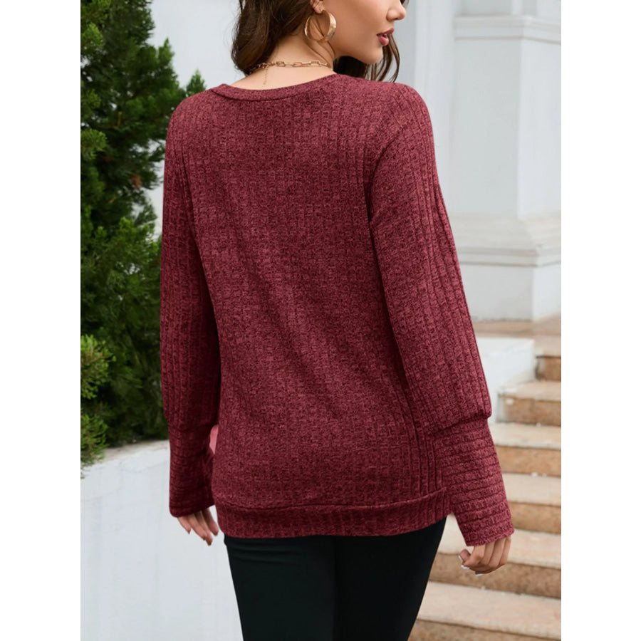 V-Neck Textured Knit Long Sleeve T-Shirt Apparel and Accessories
