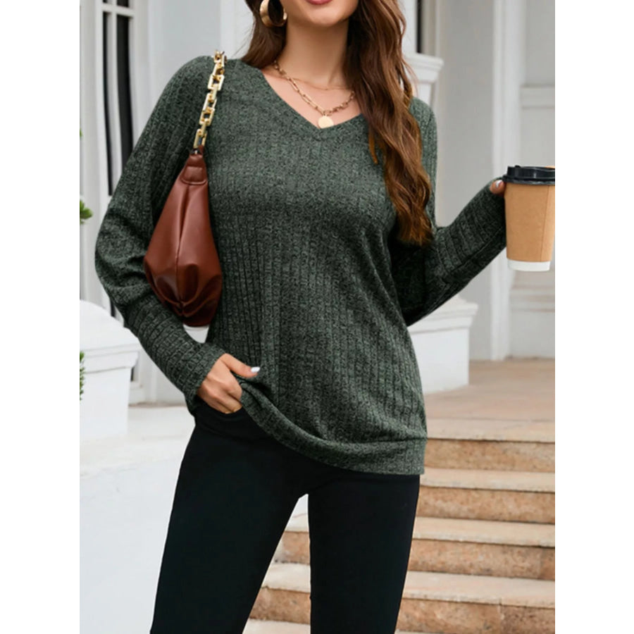 V-Neck Textured Knit Long Sleeve T-Shirt Apparel and Accessories