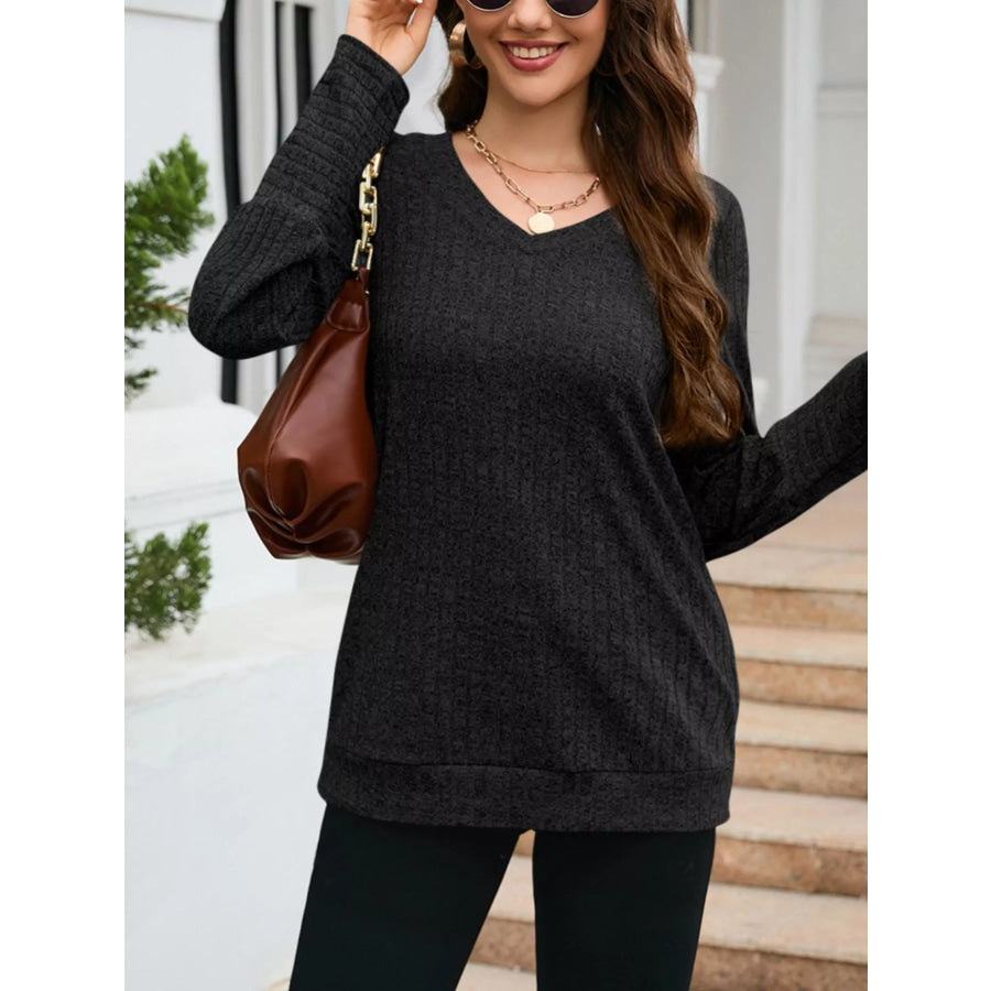 V-Neck Textured Knit Long Sleeve T-Shirt Apparel and Accessories