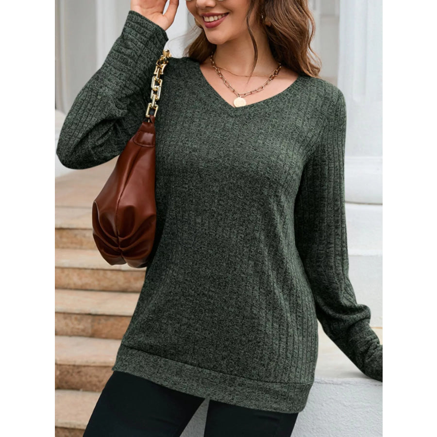 V-Neck Textured Knit Long Sleeve T-Shirt Apparel and Accessories