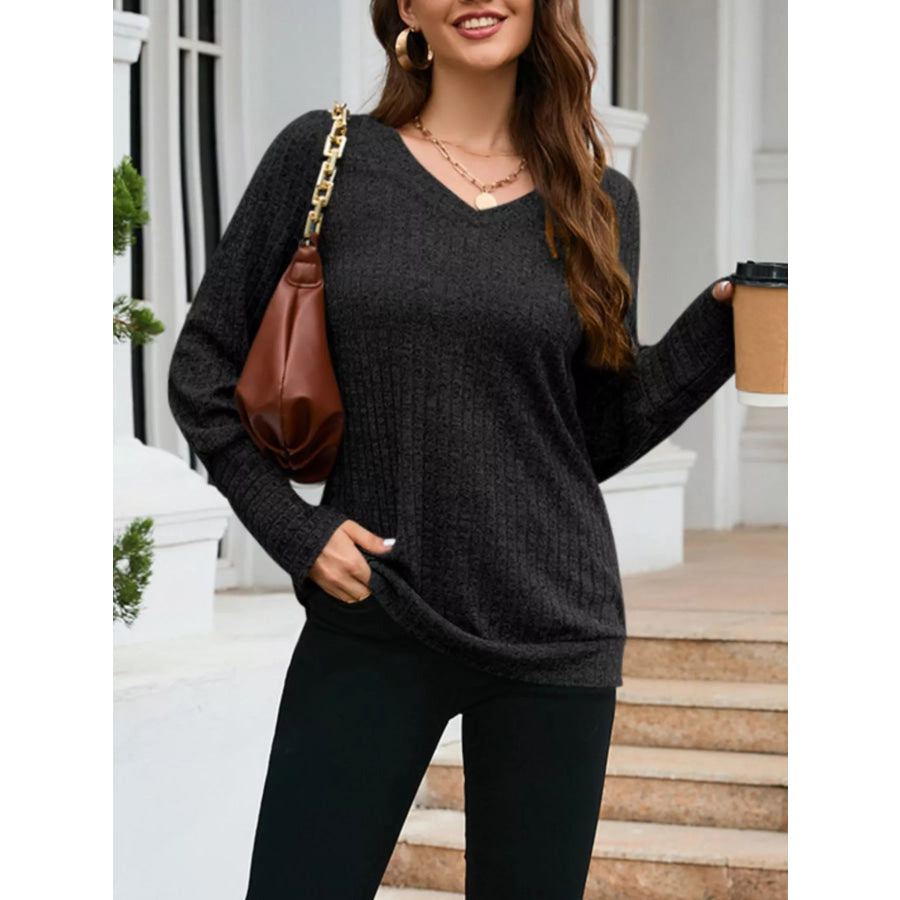 V-Neck Textured Knit Long Sleeve T-Shirt Apparel and Accessories