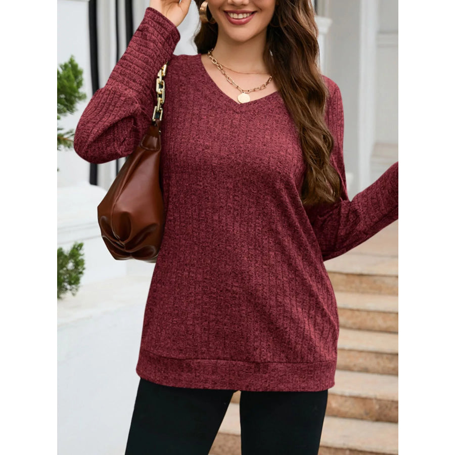 V-Neck Textured Knit Long Sleeve T-Shirt Apparel and Accessories