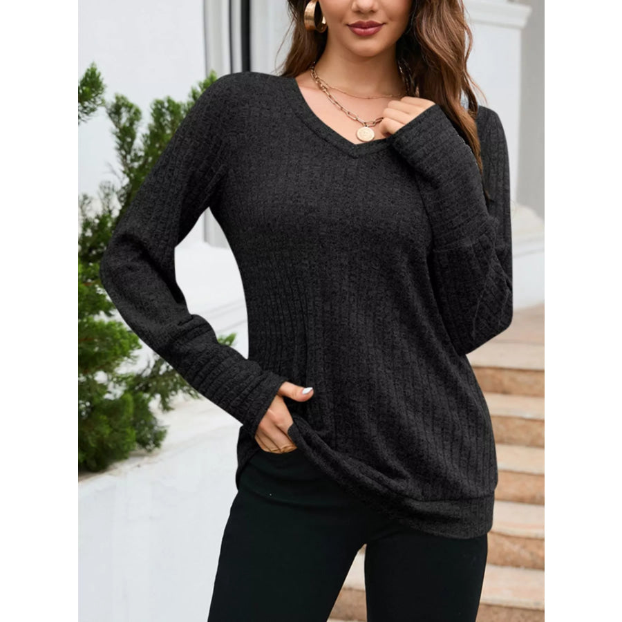 V-Neck Textured Knit Long Sleeve T-Shirt Black / S Apparel and Accessories