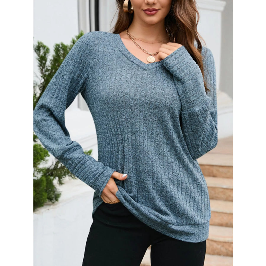 V-Neck Textured Knit Long Sleeve T-Shirt Blue / S Apparel and Accessories
