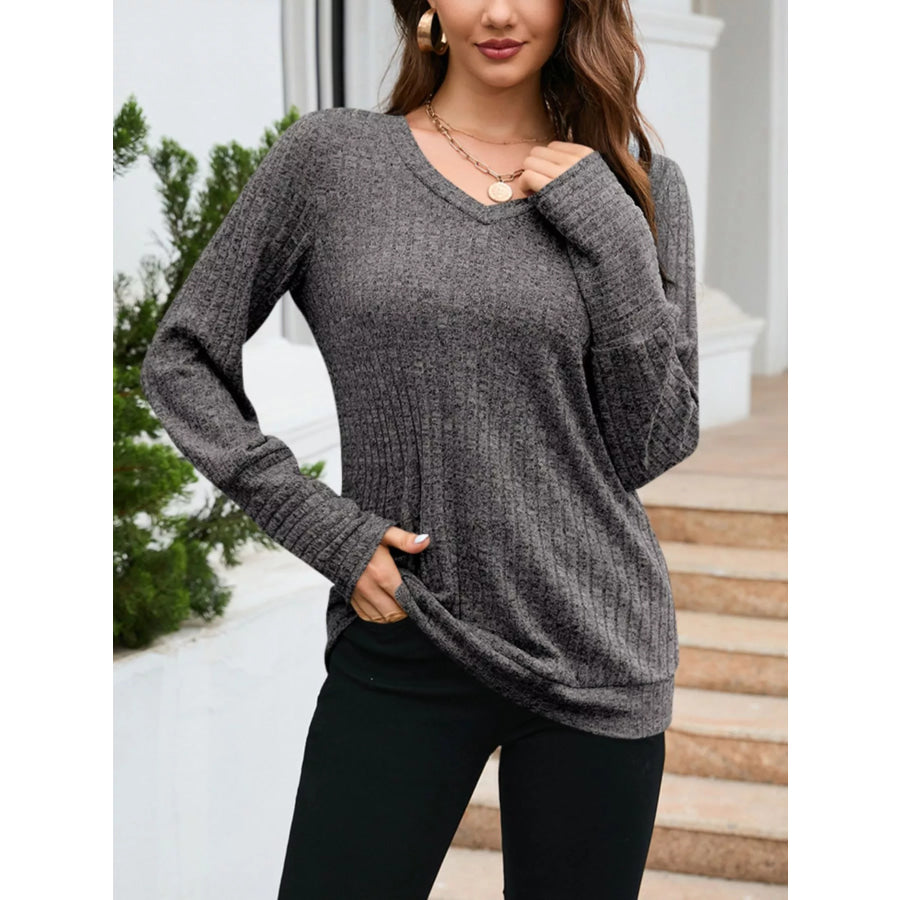 V-Neck Textured Knit Long Sleeve T-Shirt Gray / S Apparel and Accessories