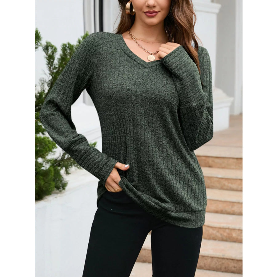 V-Neck Textured Knit Long Sleeve T-Shirt Green / S Apparel and Accessories