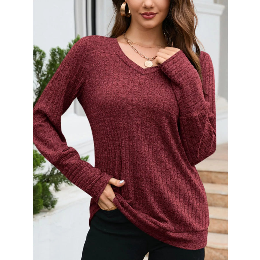 V-Neck Textured Knit Long Sleeve T-Shirt Red / S Apparel and Accessories