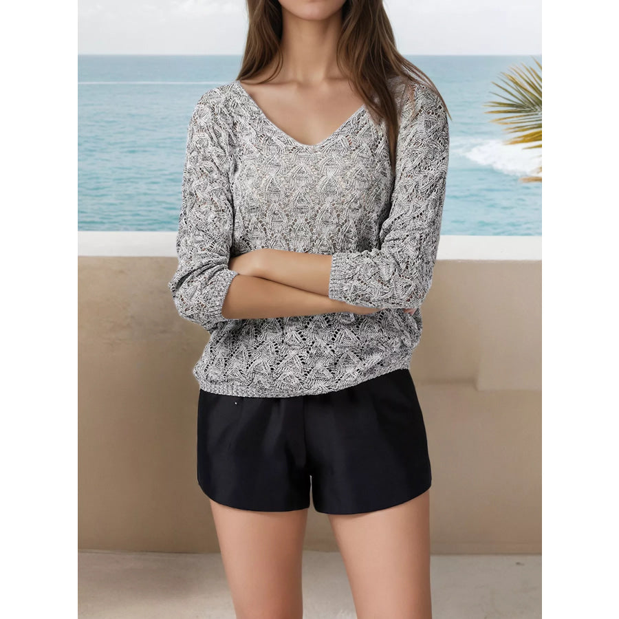 V-Neck Textured Knit Top Gray / One Size Apparel and Accessories