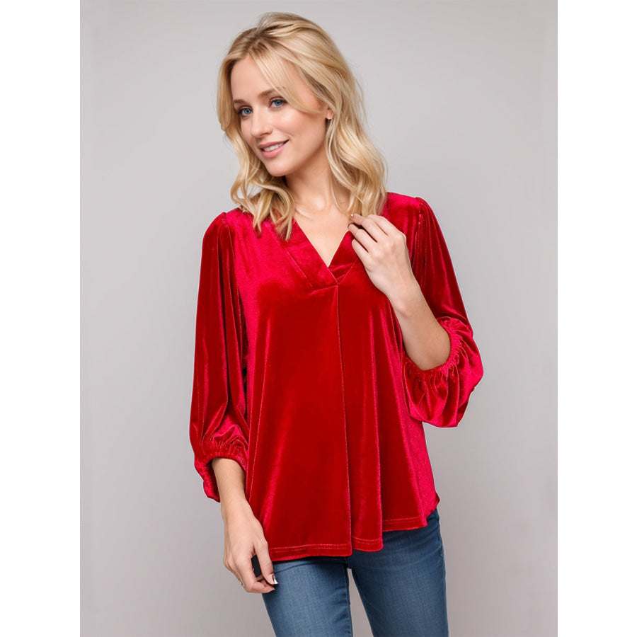 V-Neck Three-Quarter Sleeve Blouse Apparel and Accessories