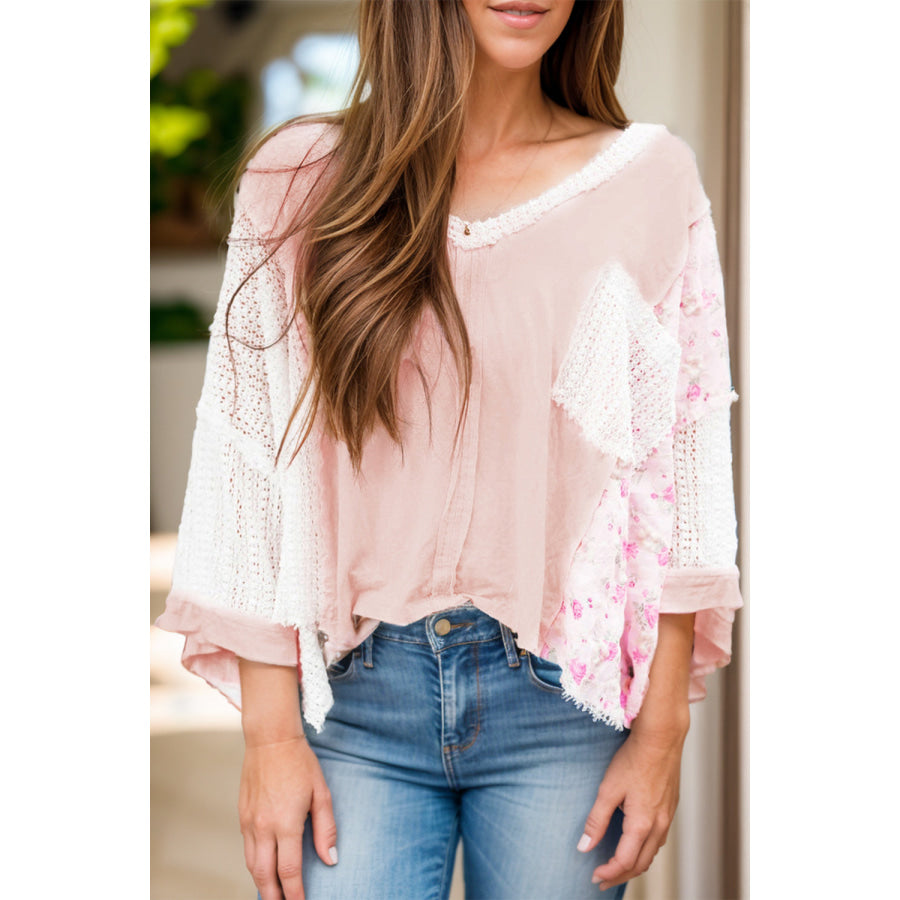 V-Neck Three-Quarter Sleeve Blouse Blush Pink / S Apparel and Accessories