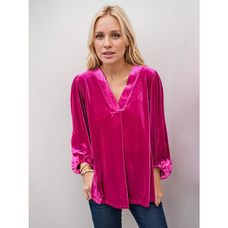 V-Neck Three-Quarter Sleeve Blouse Cerise / S Apparel and Accessories