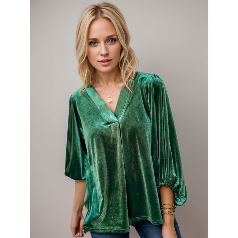 V-Neck Three-Quarter Sleeve Blouse Dark Green / S Apparel and Accessories