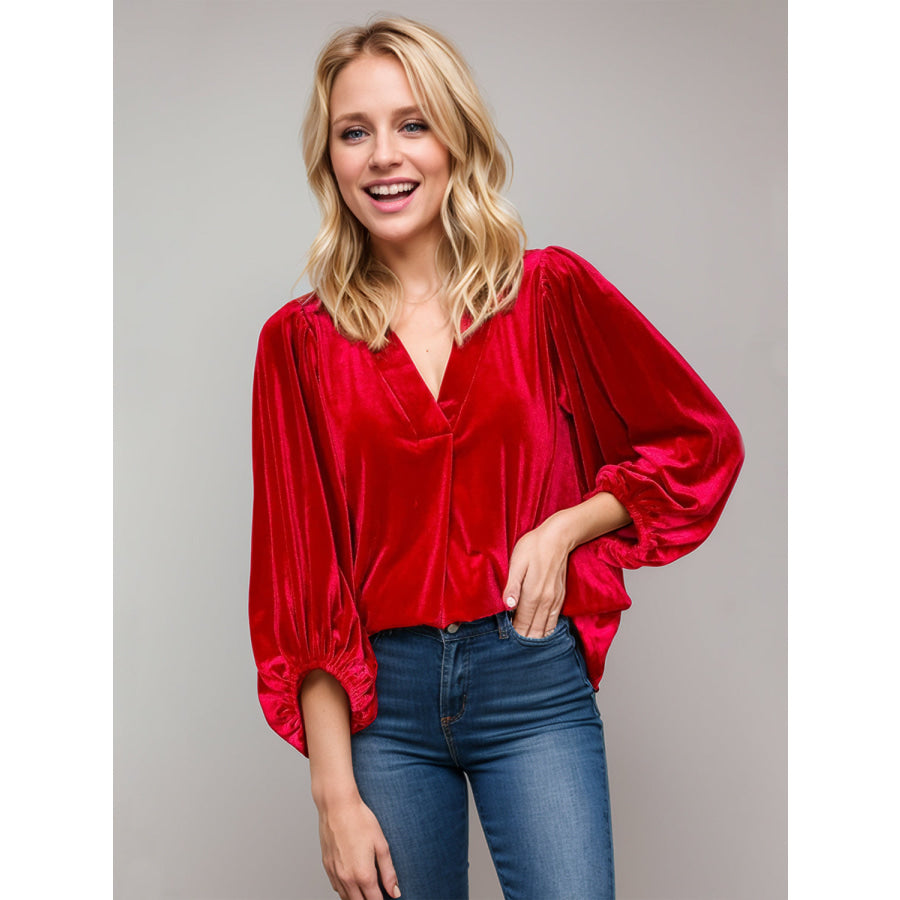 V-Neck Three-Quarter Sleeve Blouse Scarlet / S Apparel and Accessories