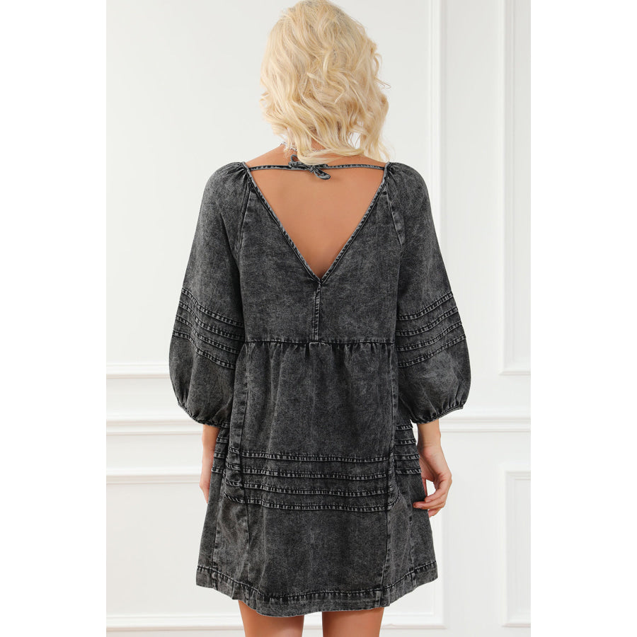 V-Neck Three Quarter Sleeve Denim Dress Apparel and Accessories