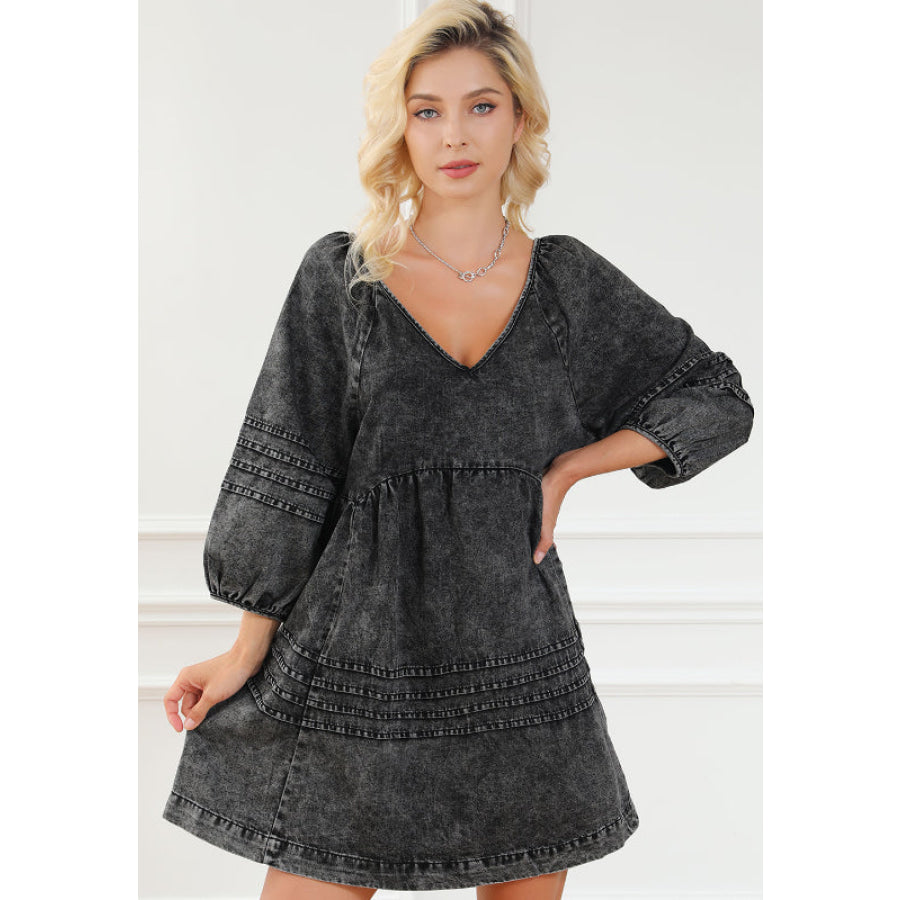 V-Neck Three Quarter Sleeve Denim Dress Apparel and Accessories