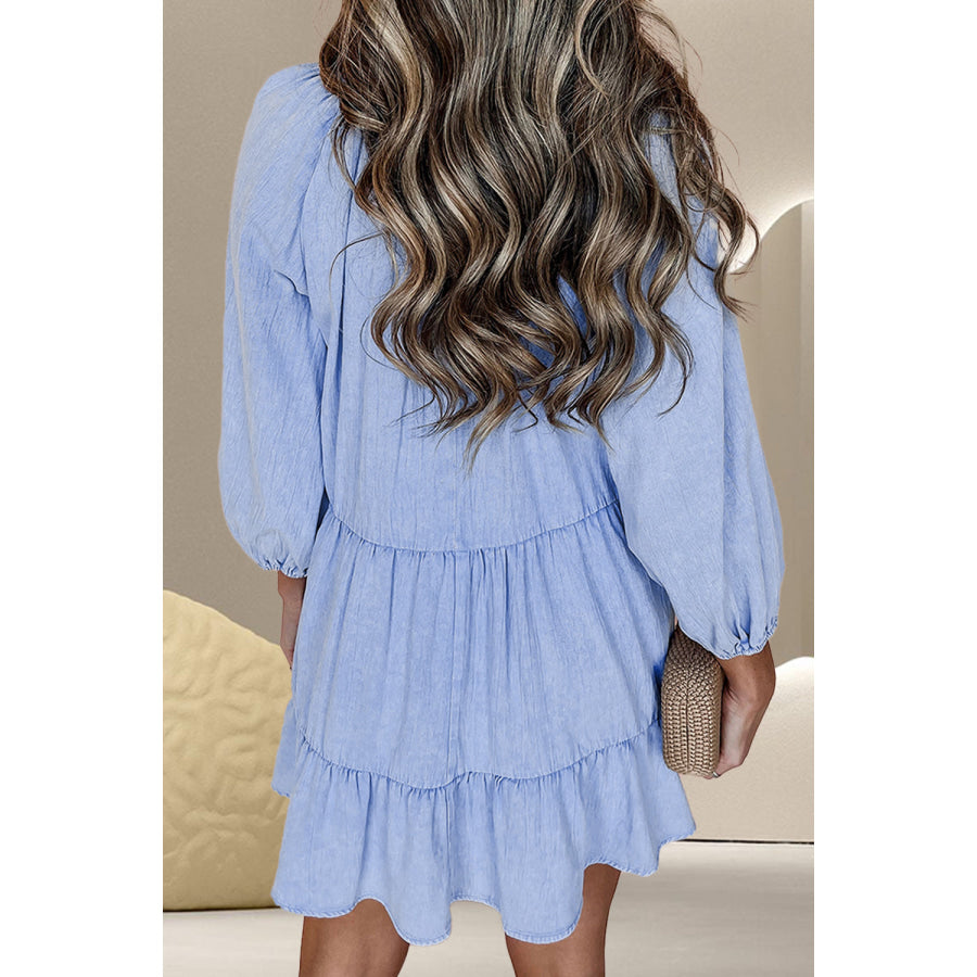 V-Neck Three-Quarter Sleeve Denim Dress Apparel and Accessories