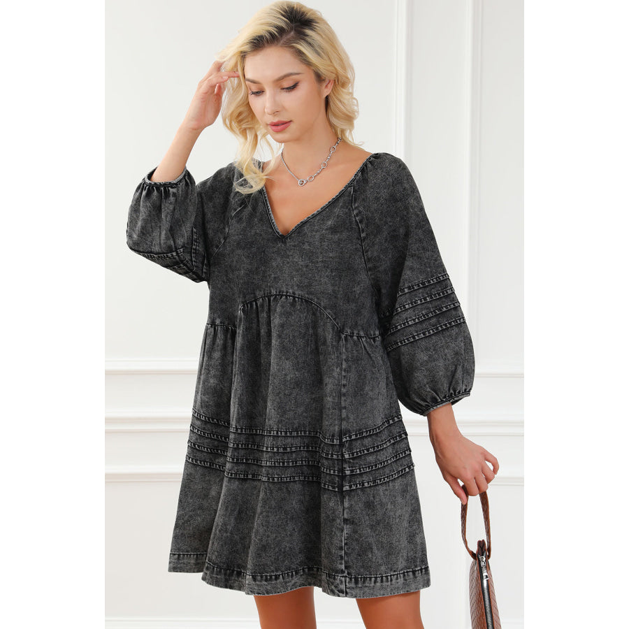 V-Neck Three Quarter Sleeve Denim Dress Apparel and Accessories