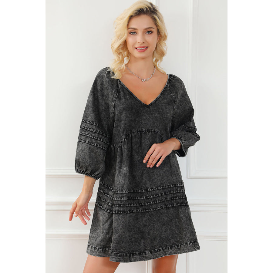 V-Neck Three Quarter Sleeve Denim Dress Apparel and Accessories