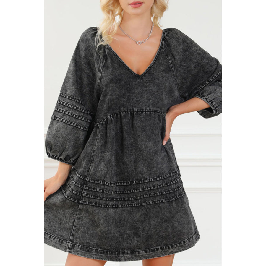 V-Neck Three Quarter Sleeve Denim Dress Black / S Apparel and Accessories