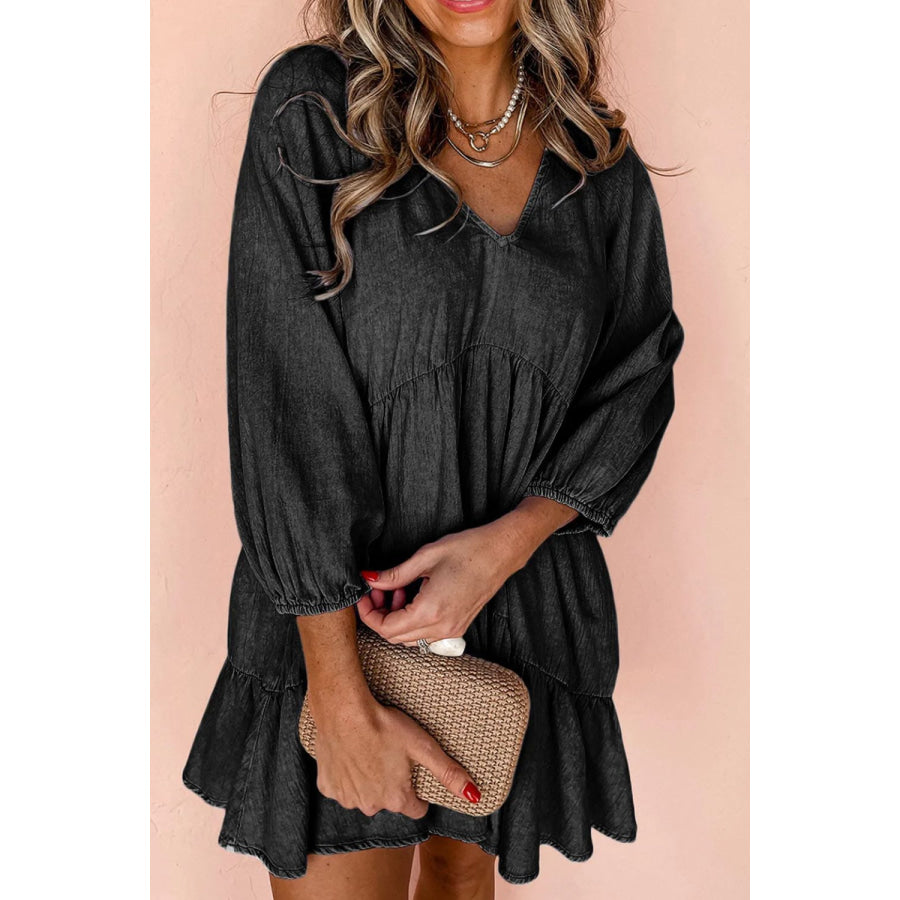 V-Neck Three-Quarter Sleeve Denim Dress Black / S Apparel and Accessories