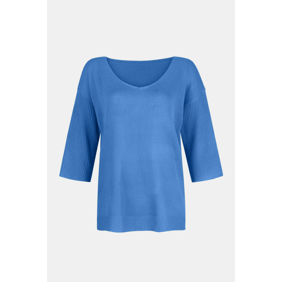 V-Neck Three-Quarter Sleeve Knit Top Blue / One Size Apparel and Accessories