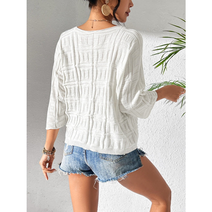 V-Neck Three-Quarter Sleeve Knit Top White / S Apparel and Accessories