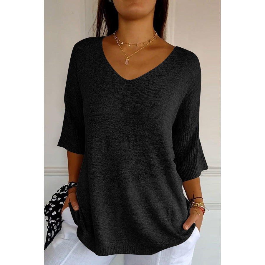 V-Neck Three-Quarter Sleeve Knit Top Black / One Size Apparel and Accessories