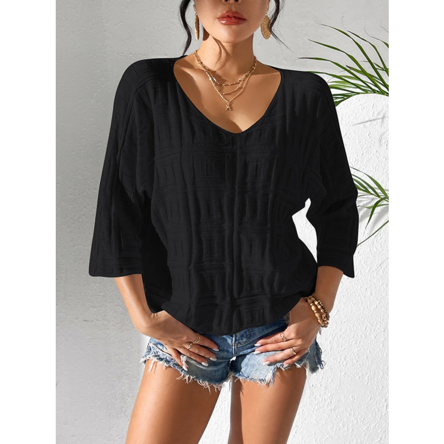 V-Neck Three-Quarter Sleeve Knit Top Black / S Apparel and Accessories