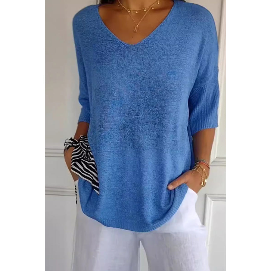 V-Neck Three-Quarter Sleeve Knit Top Blue / One Size Apparel and Accessories