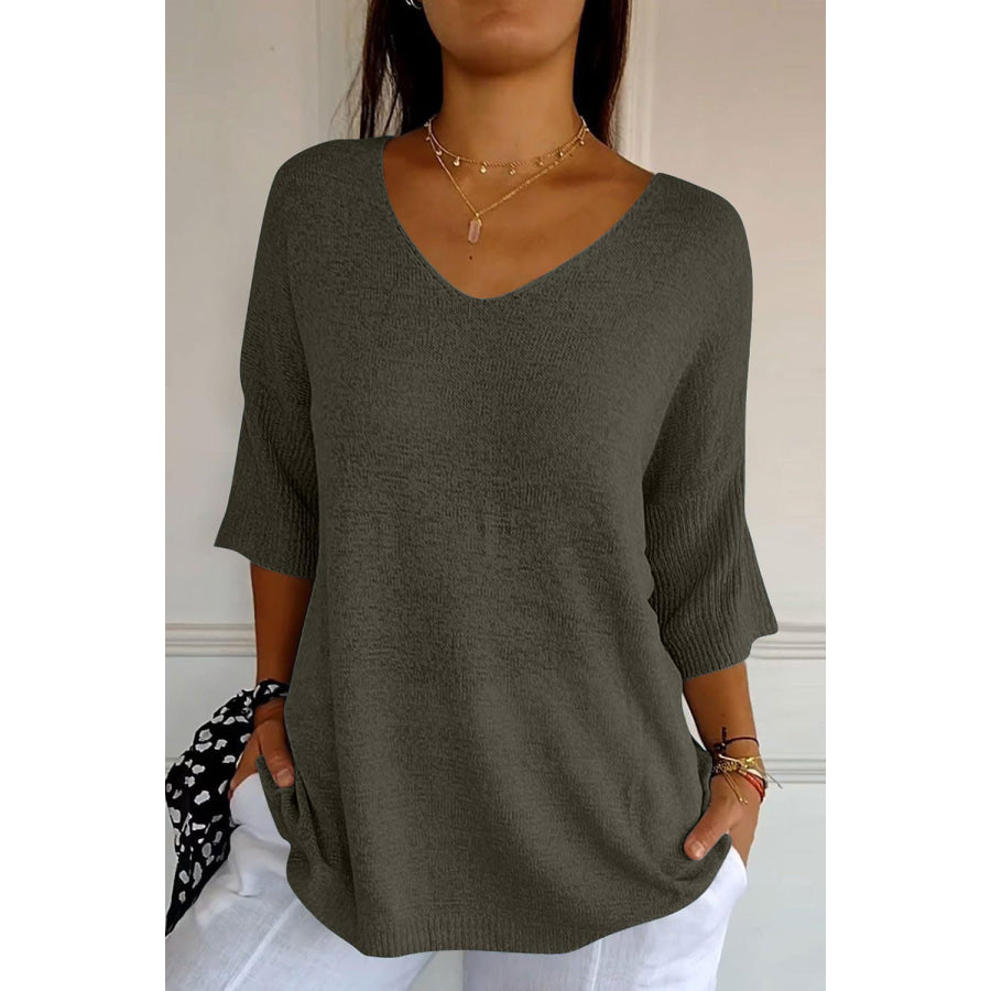 V-Neck Three-Quarter Sleeve Knit Top Dark Gray / One Size Apparel and Accessories
