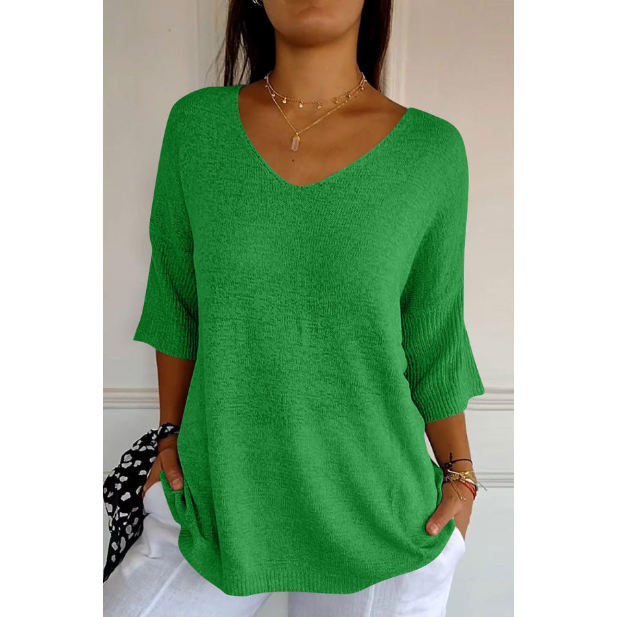 V-Neck Three-Quarter Sleeve Knit Top Dark Green / One Size Apparel and Accessories
