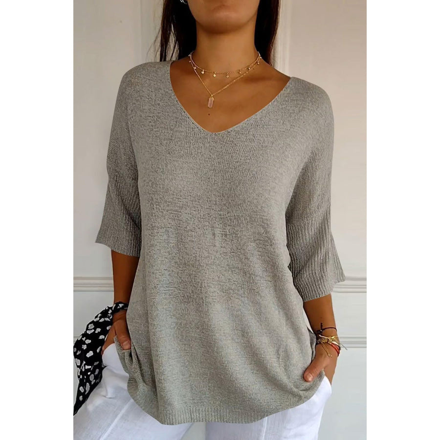 V-Neck Three-Quarter Sleeve Knit Top Gray / One Size Apparel and Accessories