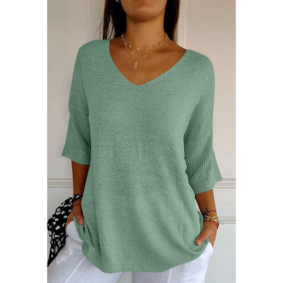 V-Neck Three-Quarter Sleeve Knit Top Gum Leaf / One Size Apparel and Accessories
