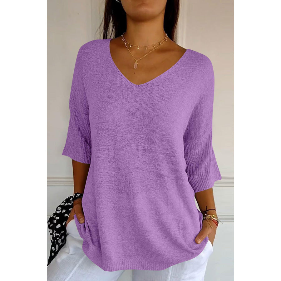 V-Neck Three-Quarter Sleeve Knit Top Lavender / One Size Apparel and Accessories
