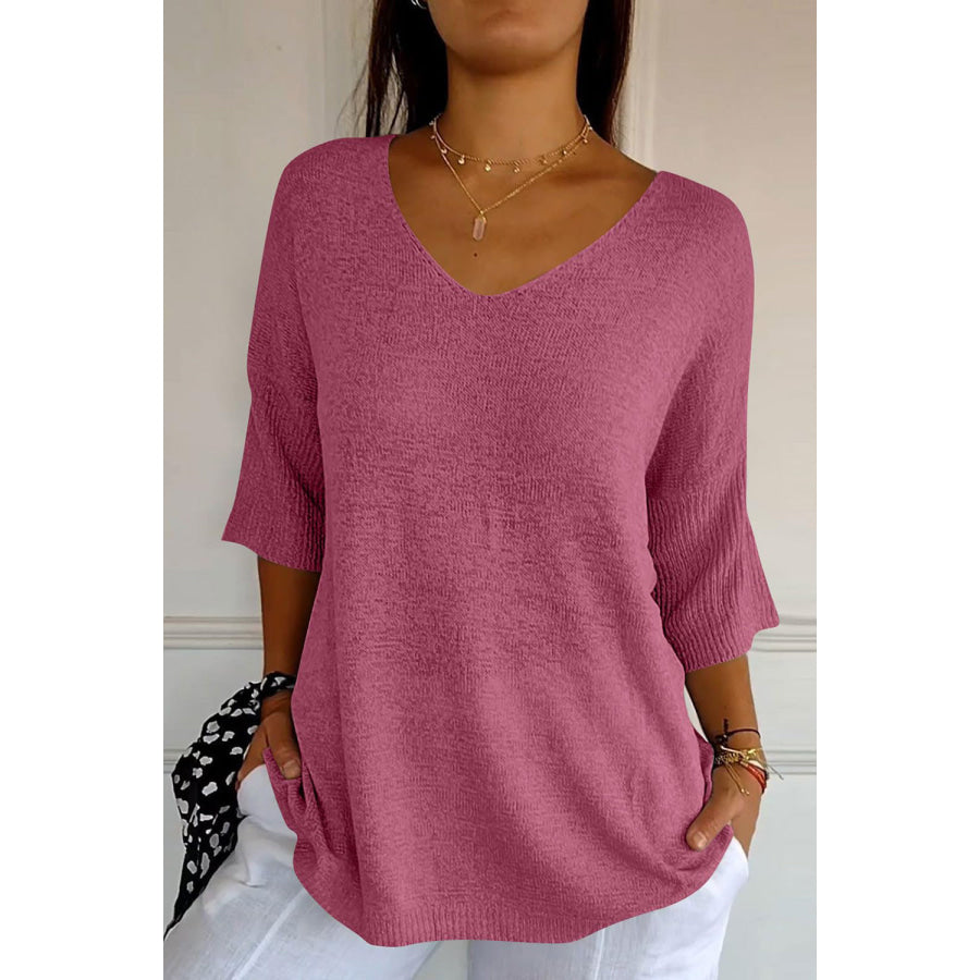 V-Neck Three-Quarter Sleeve Knit Top Moonlit Mauve / One Size Apparel and Accessories