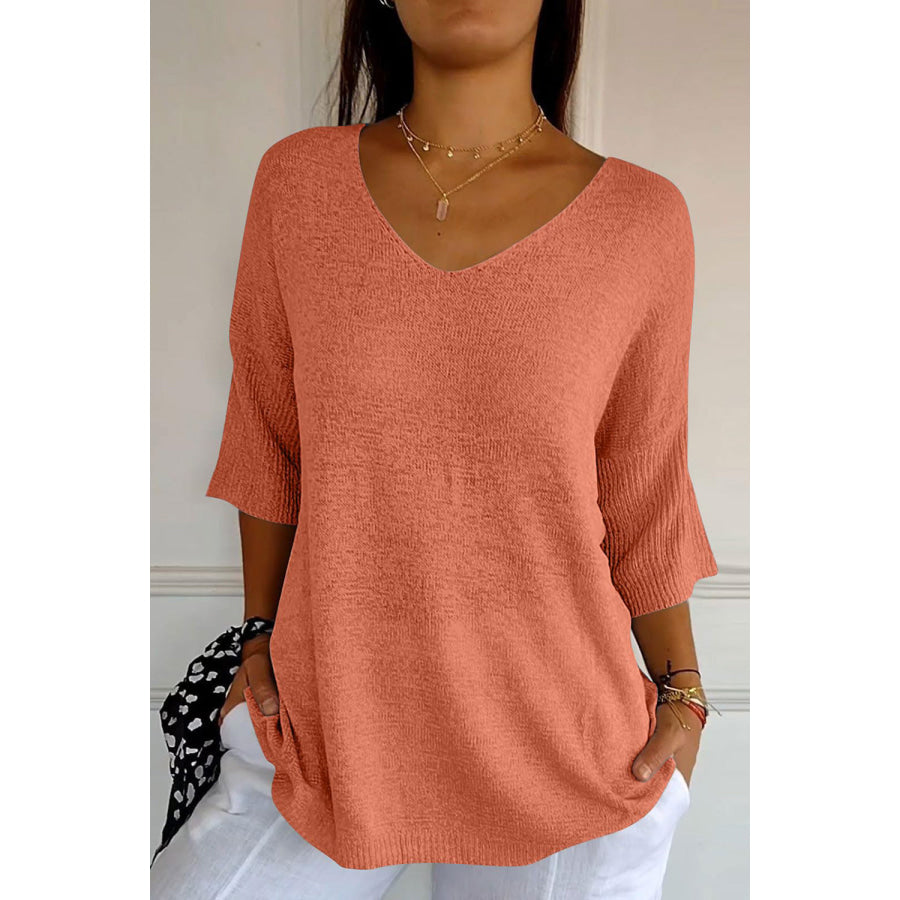 V-Neck Three-Quarter Sleeve Knit Top Orange / One Size Apparel and Accessories