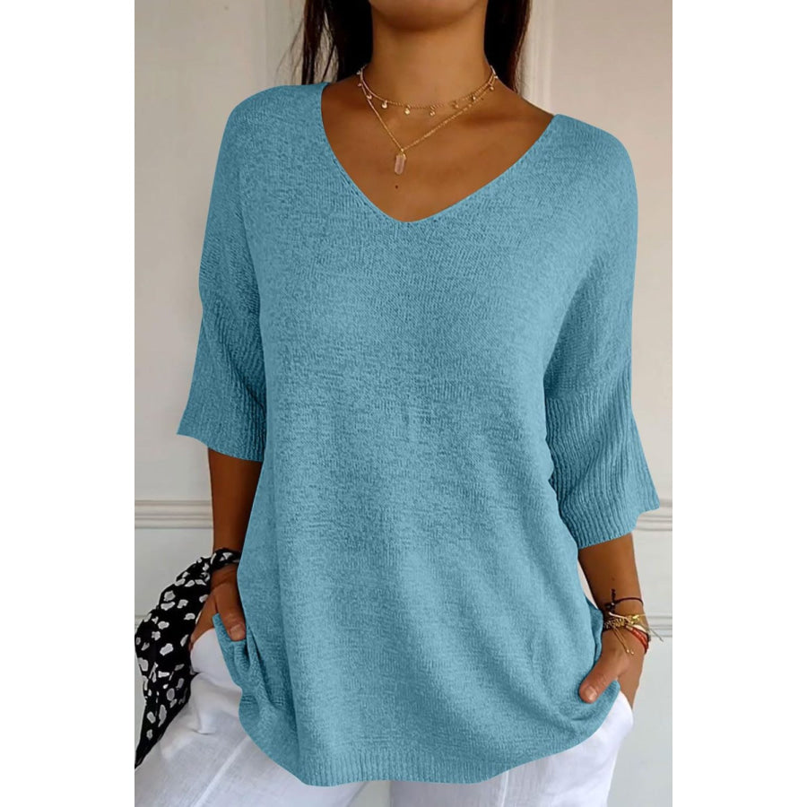 V-Neck Three-Quarter Sleeve Knit Top Pastel Blue / One Size Apparel and Accessories