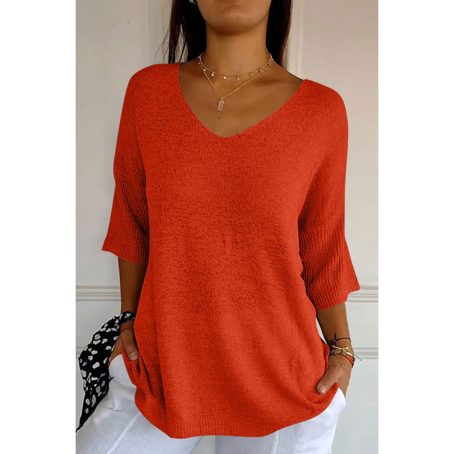 V-Neck Three-Quarter Sleeve Knit Top Red / One Size Apparel and Accessories